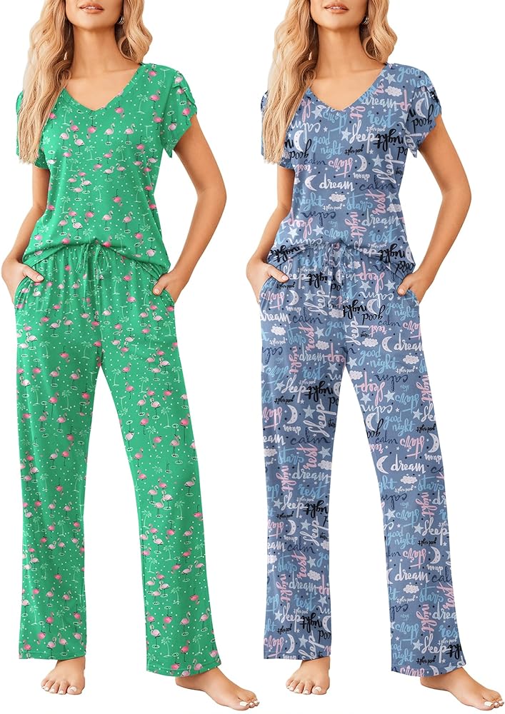 Ekouaer 2 Pack Womens Pajamas Short Sleeve Sleepwear Top with Pants Super-Soft Printed Lounge Sets S-XXL