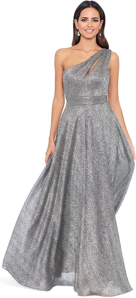 Betsy & Adam Long Foil One Shoulder Dress with Cutout