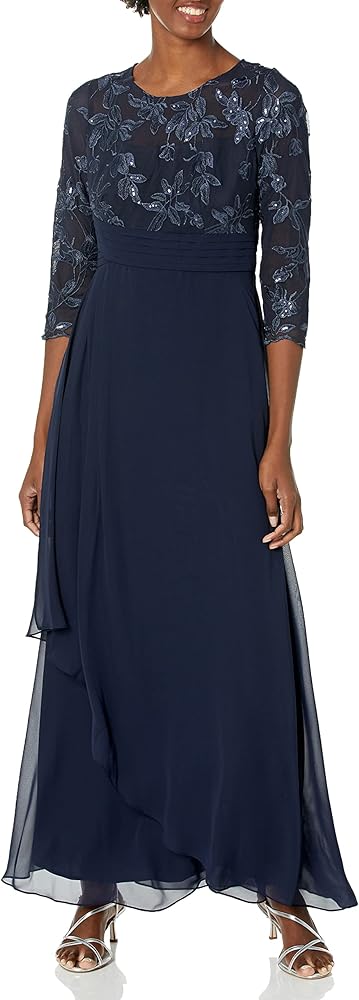 Alex Evenings Women's Long Lace Top Empire Waist Dress, New Embroidered Navy, 10