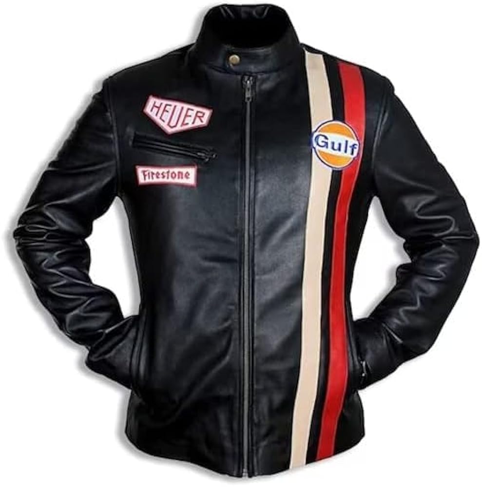 Mens Steve McQueen Jacket Le Mans Multi Colors Gulf Stripes Racing Biker Leather Jacket