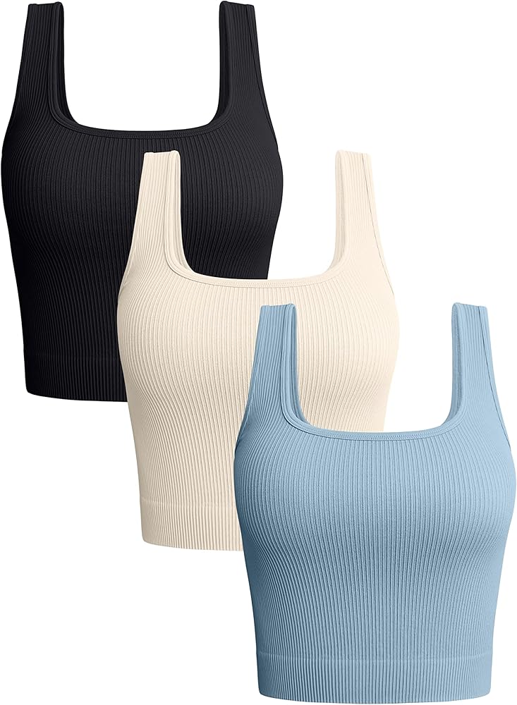 OQQ Women's 3 Piece Tank Tops Ribbed Seamless Workout Exercise Shirts Yoga Crop Tops