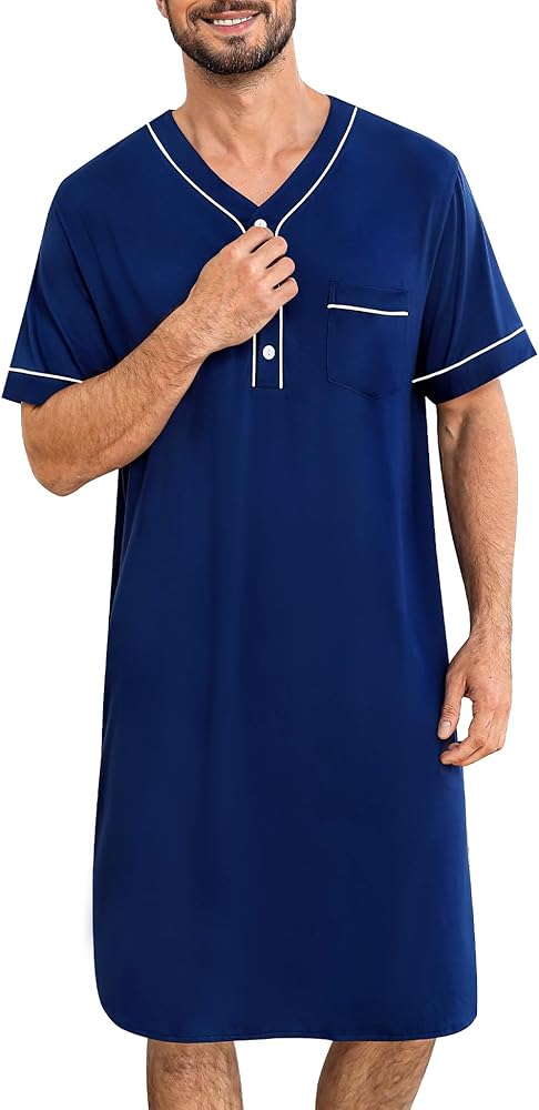 SWOMOG Men's Nightshirt Short Sleeve Nightgown Soft Loose Sleepwear Lightweight Nightwear Comfy Henley Sleep Shirt M-3XL