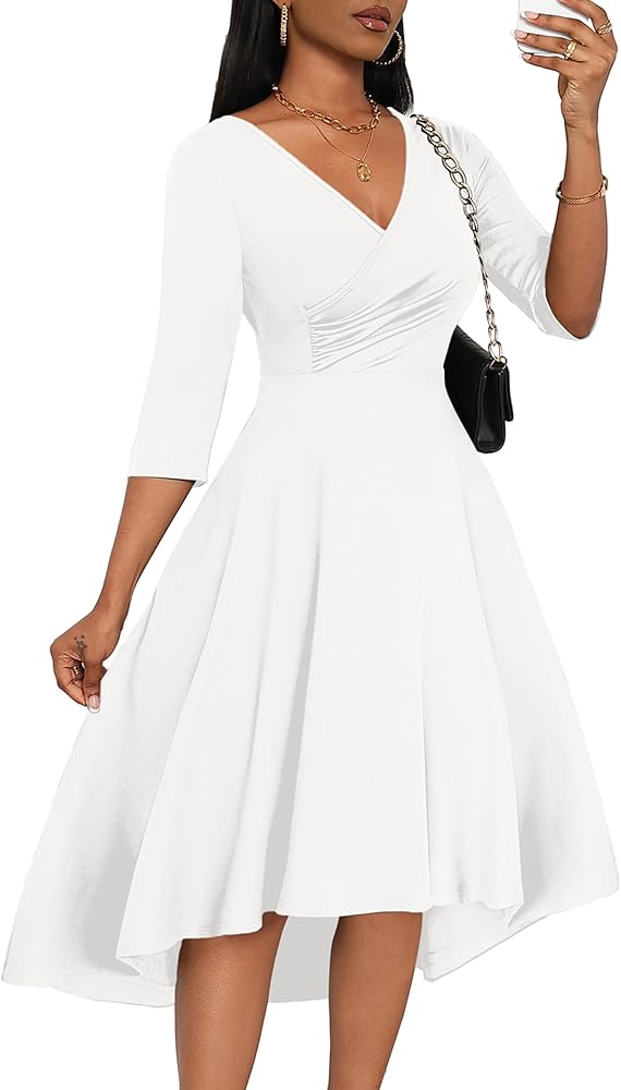 Nmoder Women's High Low Dresses 3/4 Sleeve Cocktail Dress Semi Formal Church Wedding V Neck Casual Midi Dress with Pockets