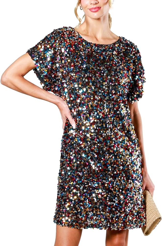 Women's Crewneck Sequin Shift Dress Short Sleeve Casual Holiday Sparkly Party Dress