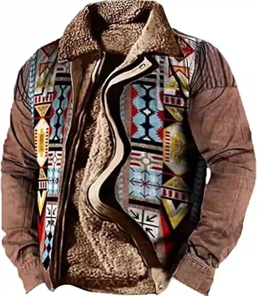 Mens Western Aztec Jackets Full Zipper Retro Ethnic Print Sherpa Fleece Lined Coat for Men Casual Winter Warm Clothes