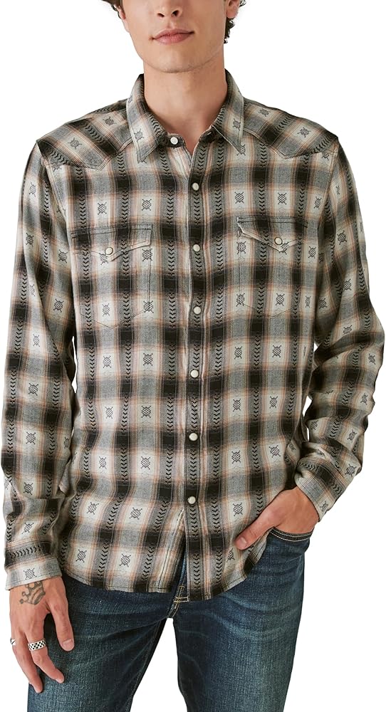 Lucky Brand Mens Plaid Dobby Western Long Sleeve Shirt