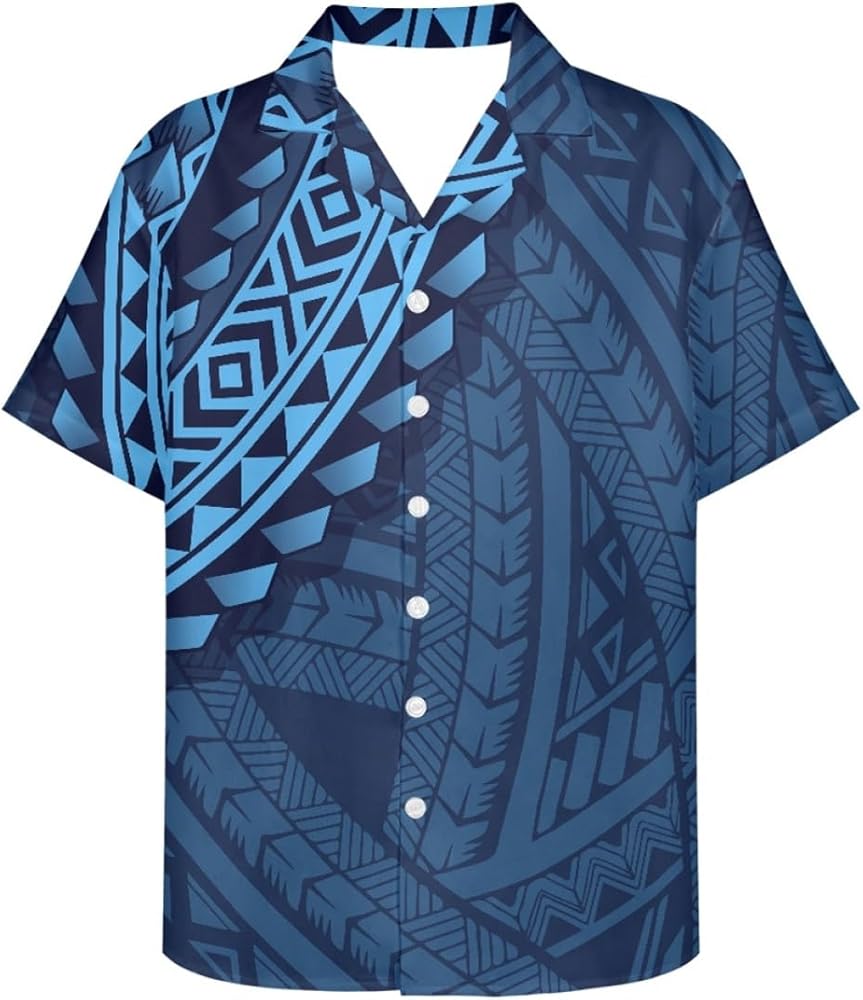 GLUDEAR Men's Polynesian Tribal 3D Print Casual Button Down Short Sleeve Cuba Collar Shirt