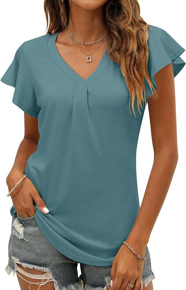 Women's Summer Tops Ruffle Sleeve V Neck Tunic Shirts Business Casual Flowy Blouses for Women