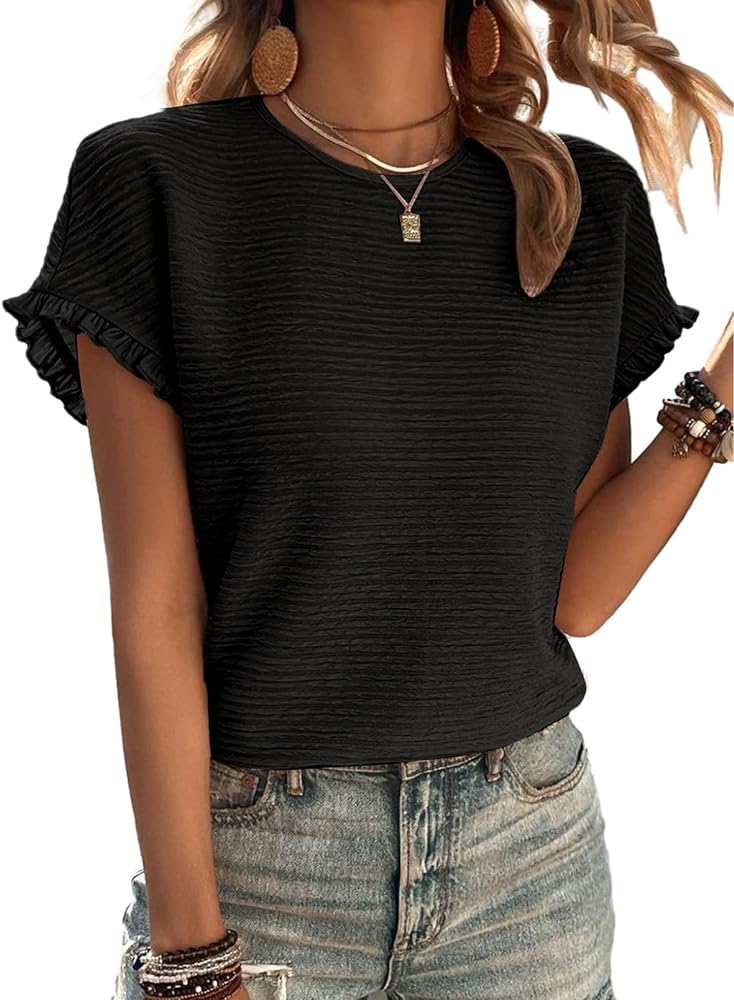 Samefar Womens Short Sleeve Tops Round Neck Ruffle Casual Summer Textured Work T Shirts Tee Blouse