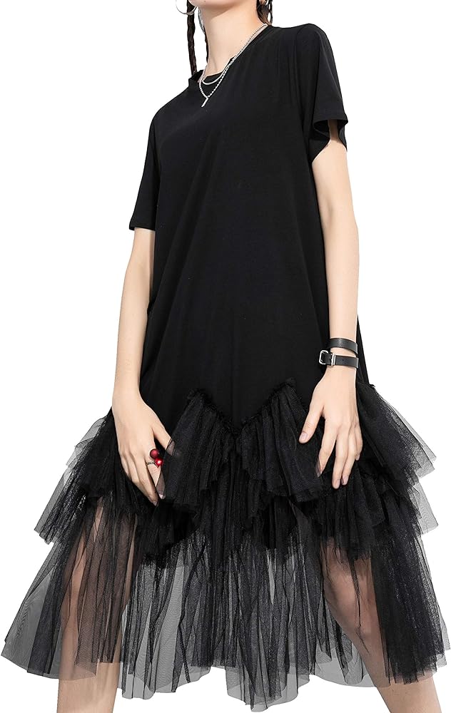 ellazhu Women's Casual Short Sleeve Crew Neck Tutu Tulle Dress with an Oversized Fit GY2266