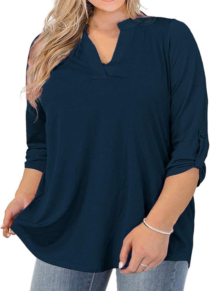 AMCLOS Womens Plus Size Tops V Neck T-Shirts Blouses Casual Soft Flowy Tunic Long Roll Tab Sleeves with Buttons