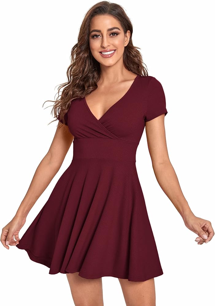 Verdusa Women's Surplice Neck Short Sleeve Mini Wrap A Line Fit and Flare Dress