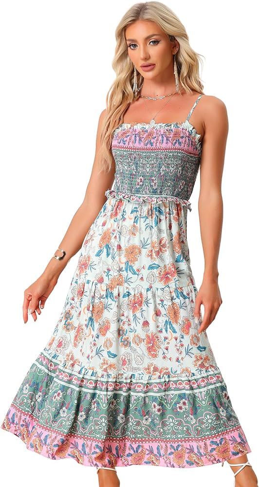 Allegra K Boho Floral Dresses for Women's Summer Spaghetti Strap A-Line Flowy Smocked Maxi Dress