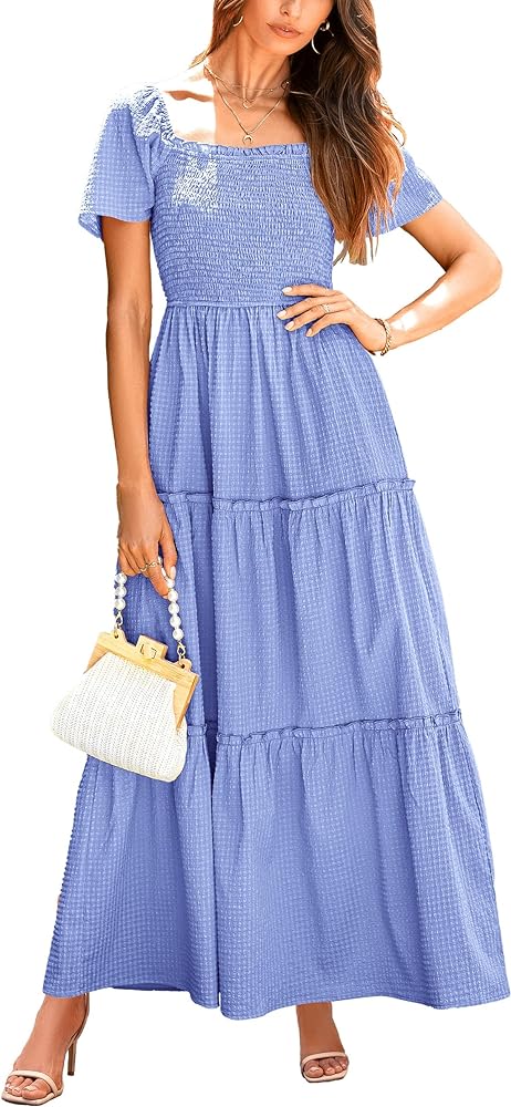 PRETTYGARDEN Women's Summer Maxi Dress Short Sleeve Square Neck Smocked Tiered Ruffle Long Flowy Boho Dresses with Pockets