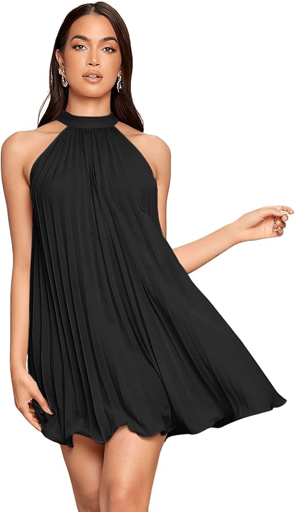 SweatyRocks Women's Casual Sleeveless Tie Back Halter Dress Mini Swing Pleated A-line Loose Dress