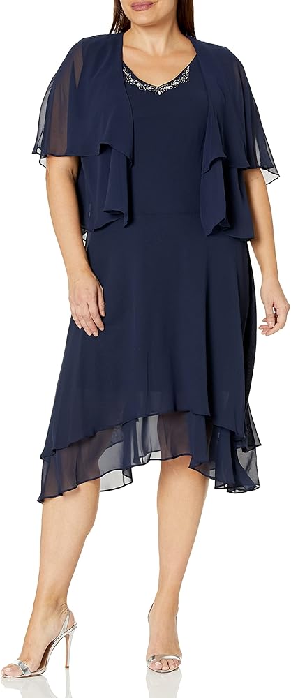 S.L. Fashions Women's Midi Length Beaded V-Neck Tiered Dress with Cascade Jacket