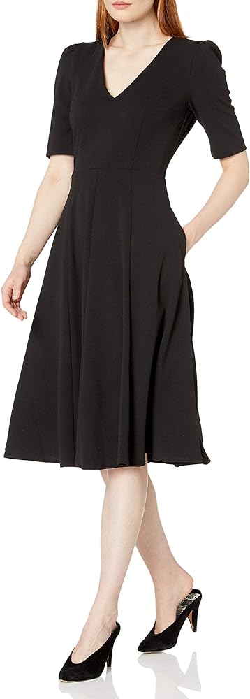 Donna Morgan Women's Stretch Crepe Elbow Sleeve V-Neck Fit and Flare Midi Dress