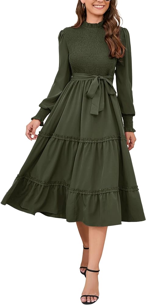 KOJOOIN Women's Ruffle Mock Neck Long Sleeve Smocked Midi Dress Casual Floral Print Elastic Waist Tiered Long Dress