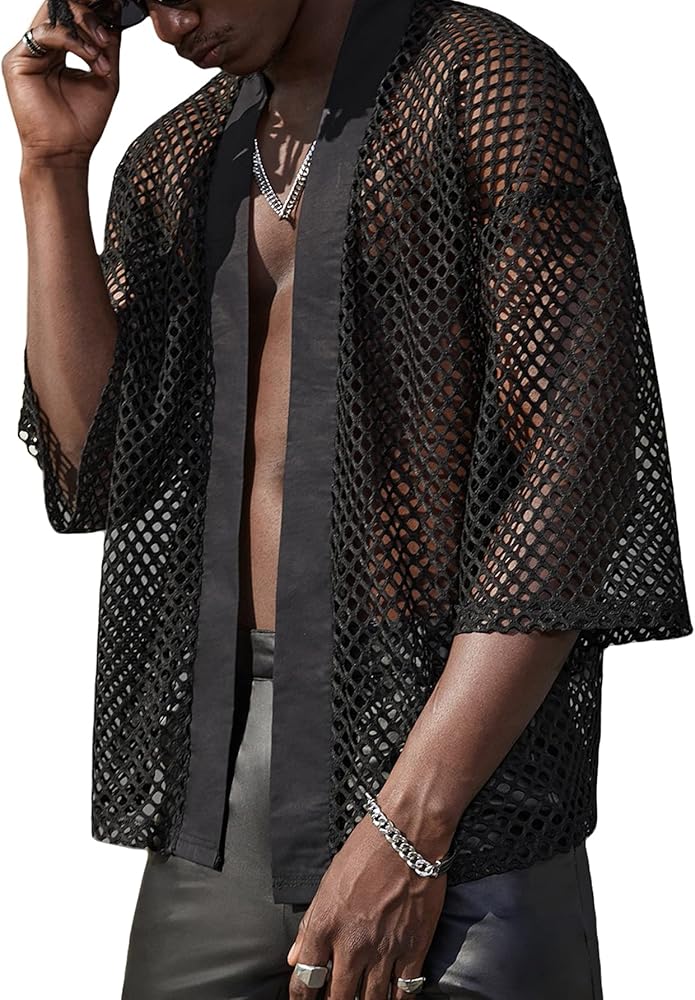 Verdusa Men's Open Front 3/4 Sleeve Fishnet Sheer Mesh Kimono Cardigan