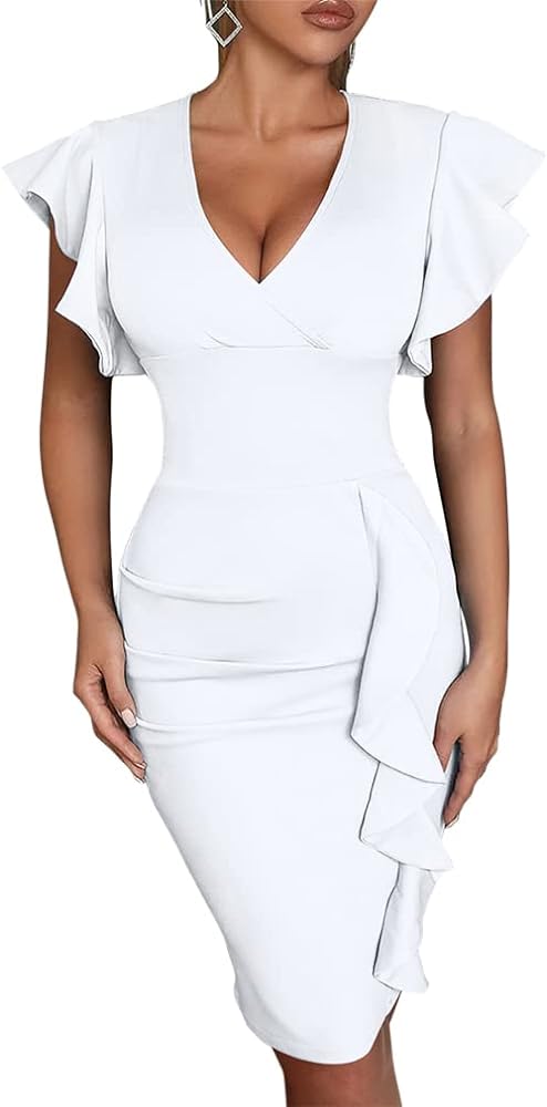 YMDUCH Women's Sexy Ruffle Sleeve V Neck Bodycon Club Pencil Midi Dress