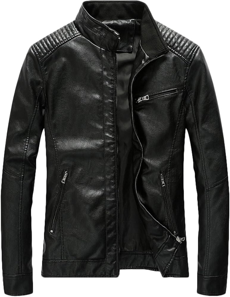 Men's Casual Zip Up Slim Bomber Faux Leather Jacket