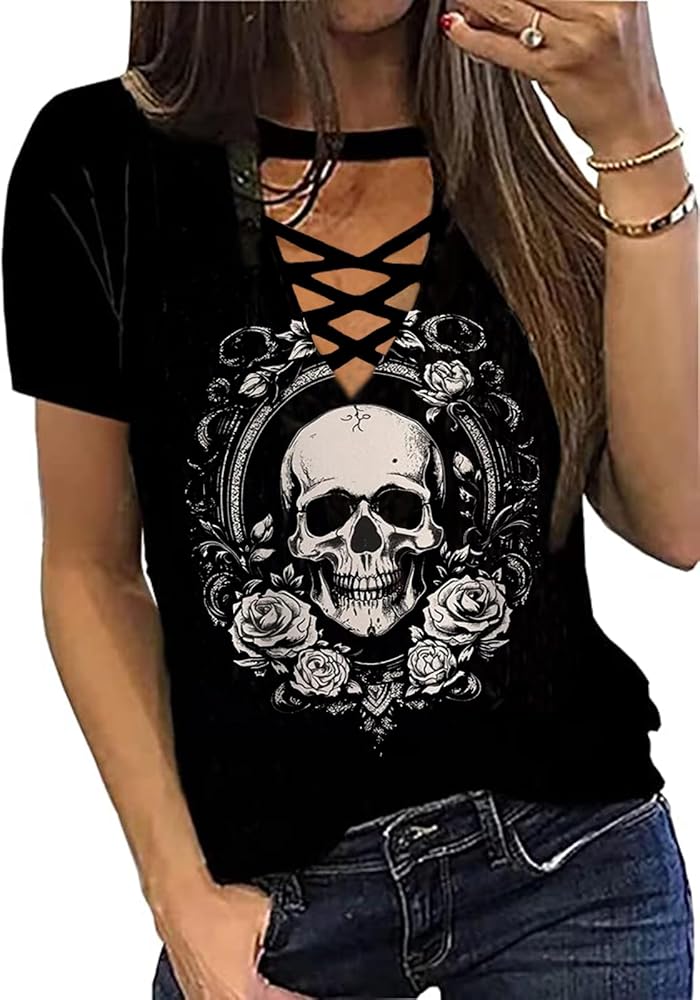 Skull Floral Criss-Cross Hollow Out T-Shirt Women Funny Skeletons Roses Graphic Shirt Casual Short Sleeve Vacation Tops