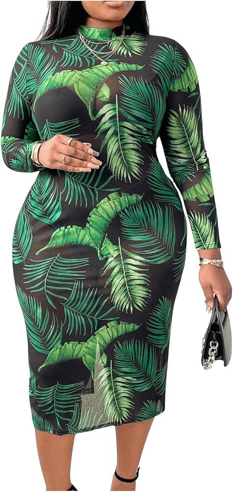 SOLY HUX Women's Plus Size Tropical Print Mesh Bodycon Dress Mock Neck Long Sleeve Split Back Midi Dresses