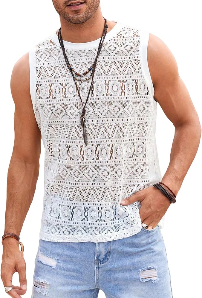 Verdusa Men's Sheer Lace Tank Tops Hollow Out Round Neck Sleeveless Shirt