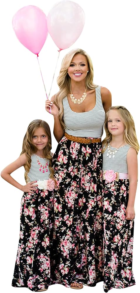 WIWIQS Summer Cute Mommy and Me Boho Striped Chevron Maxi Dresses