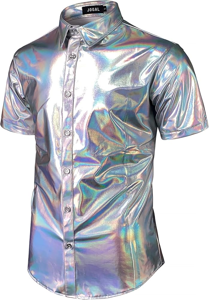 JOGAL Men's 70s Disco Shiny Metallic Gold Silver Short Sleeve Button Down Shirt