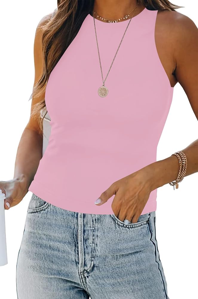 Womens Halter Tops Summer Sleeveless Shirts Sexy High Neck Fitted Tops Racer Back Tank Tops Blouses