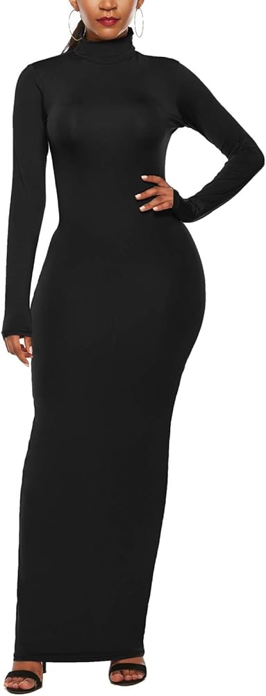 PRIMODA Women's Turtleneck Long Sleeve Bodycon Maxi Dress Casual Long Dress