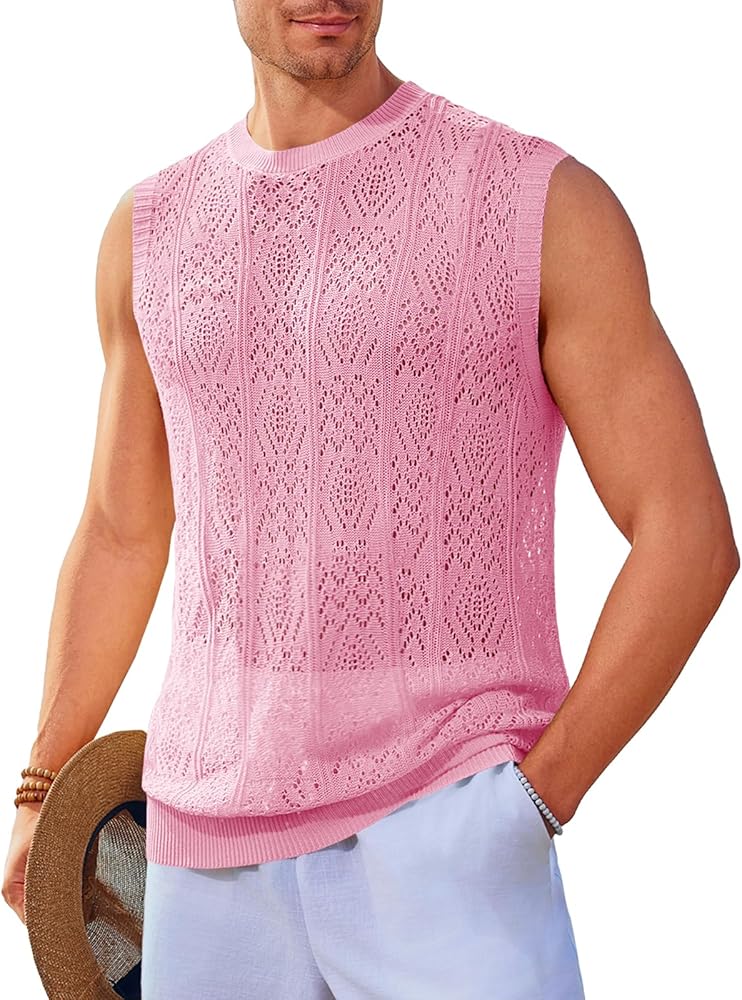 Runcati Mens Sleeveless Crewneck Tank Top Casual Mesh Hollow Out Cotton Knit Summer Beach T Shirt