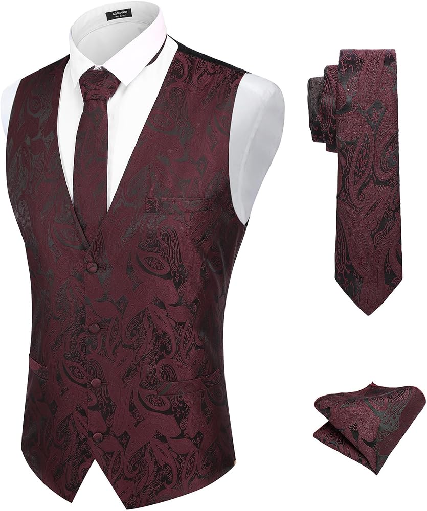 COOFANDY Men's Vest Tie Set 3PC Paisley Floral Jacquard Waistcoat and Necktie Pocket Square Vests for Suit Tuxedo Wedding