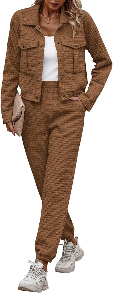 PRETTYGARDEN Womens 2024 Fall 2 Piece Outfits Tracksuit Long Sleeve Button Down Shacket Jacket Pockets Long Pants Casual Set