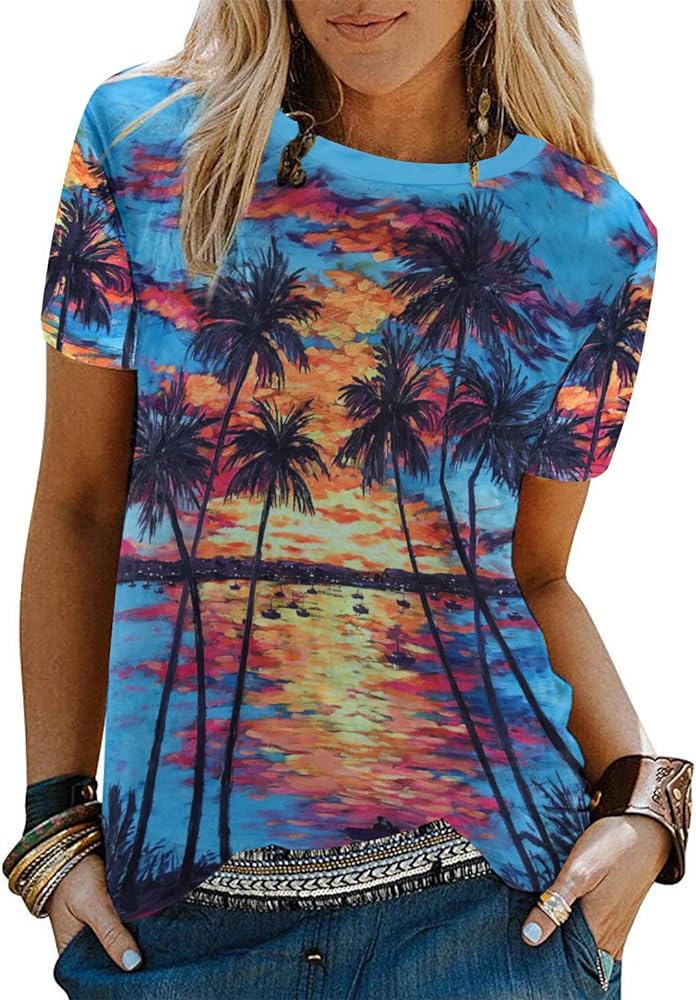 Womens Hawaiian Shirt Sunset Palm Tree Shirt Summer Beach Graphic T-Shirt Tropical Shirts Vacation Tee Tops