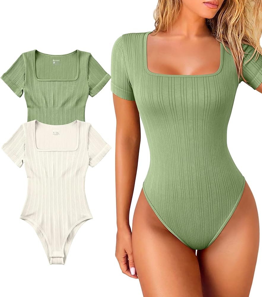 OQQ Women 2 Piece Bodysuits Short Sleeve Square Strech Basic Shirts Bodysuits