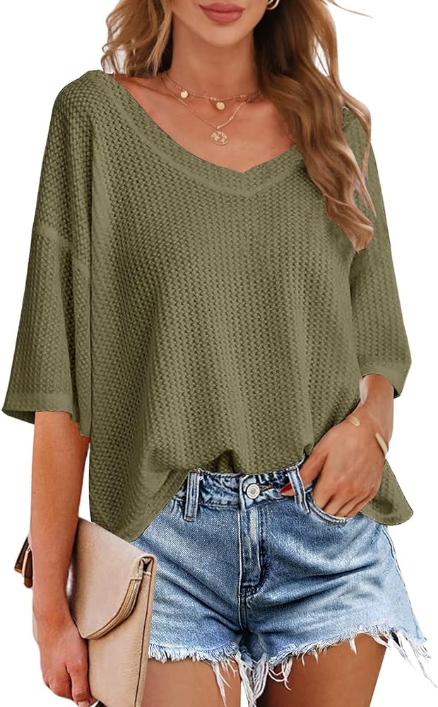 MEROKEETY Women's V Neck Batwing Half Sleeve Shirts Waffle Knit Loose Blouse Solid Color Tops