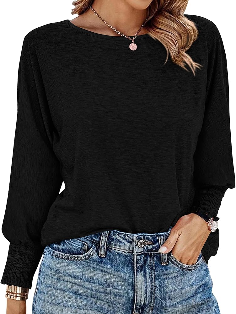 BTFBM Womens Fall Tops Dressy Casual Crew Neck Smocked Long Sleeve Loose Flowy Babydoll Blouse Shirts