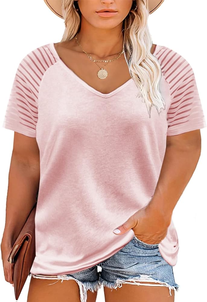 Happy Sailed Womens Plus Size Summer Tops Short/Long Sleeve V Neck Loose Casual Tee Shirt(1X-5X)