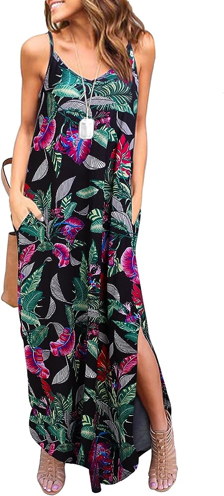 HUSKARY Women's Summer Casual Sleeveless V Neck Strappy Split Loose Dress Beach Cover Up Long Cami Maxi Dresses with Pocket