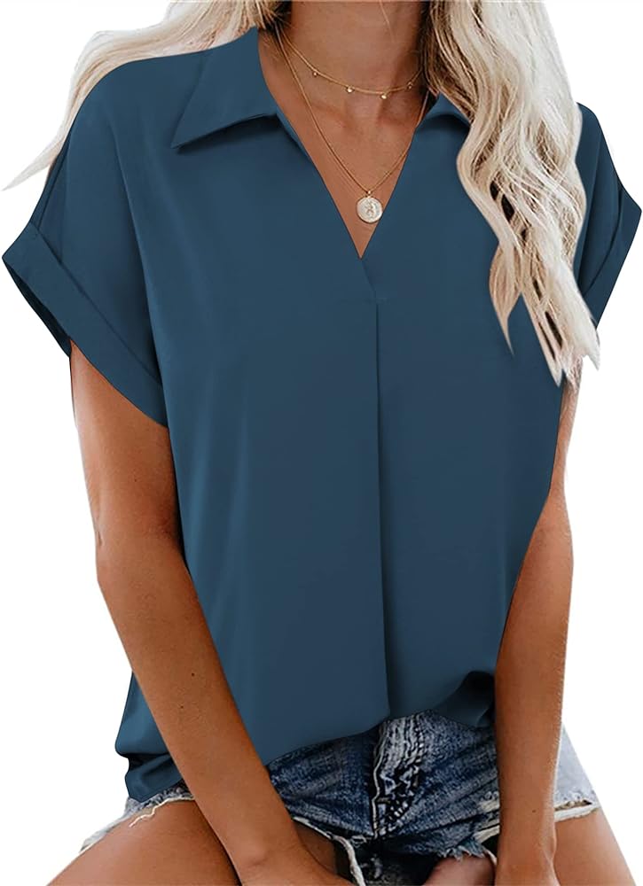 Gaharu Women's Summer Work Blouse V Neck Short Sleeve Lapel Shirt Top Tunic