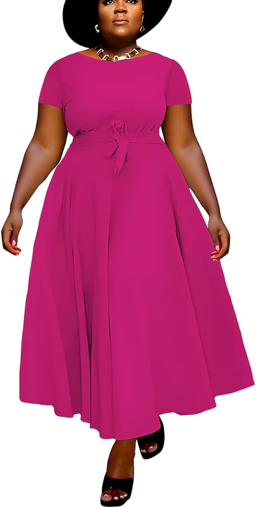 BFFBABY Plus Size Dress A Line Dresses for Women Summer Long Dresses with Sleeve Casual Belted