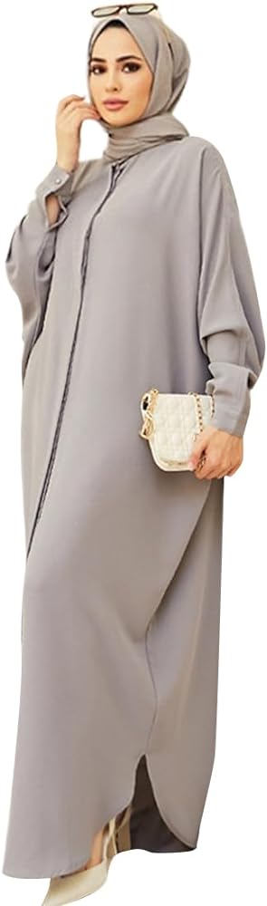 ODASDO Muslim Dresses for Women Abaya Button Down Henley Shirt Prayer Dress Batwing Long Sleeve Middle East Arabian Robe