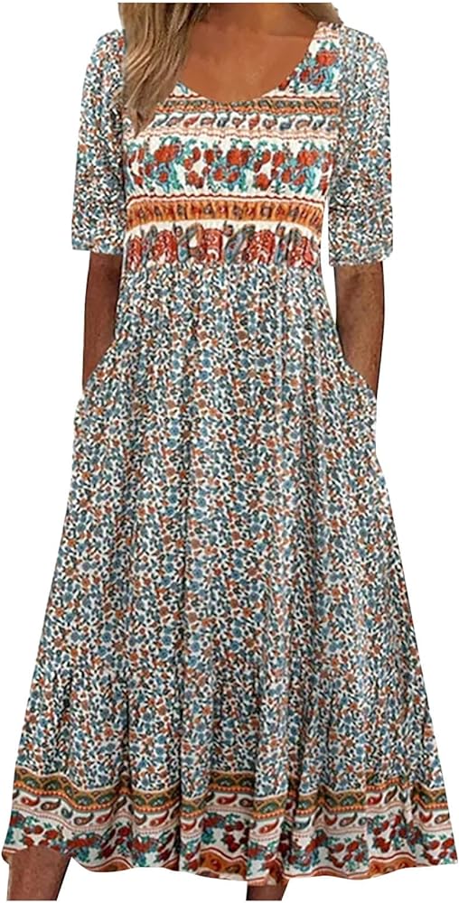 Tshirt Dress for Women 2024 Casual Plus Size Summer Midi Dress Boho Floral Print Loose Flowy Long Dresses with Pockets