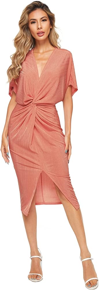 Floerns Women's Short Sleeve V Neck Twist Front Split Midi Dress