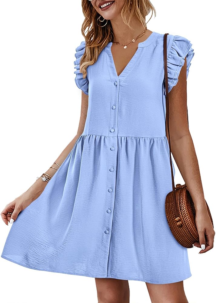 KIRUNDO Women's 2024 Summer Mini Dress Casual Ruffle Sleeveless Button Down V Neck Loose Shift Tunic Dress Sundresses