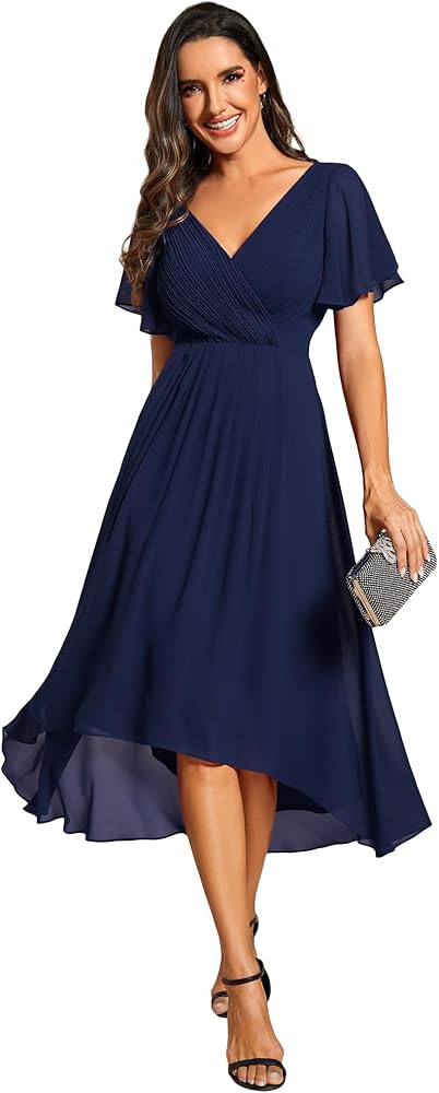 Ever-Pretty Women's Summer Dress Chiffon V-Neck Short Wedding Guest Dress with Ruffled Sleeves 01923