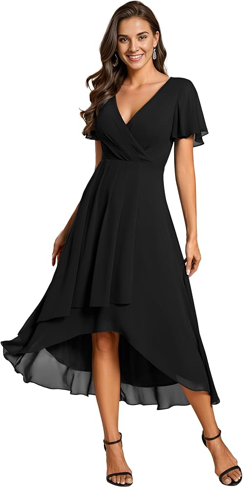 Ever-Pretty Women's Chiffon Formal Dresses V Neck Ruffle Sleeves Pleated High Low Summer Wedding Guest Dress