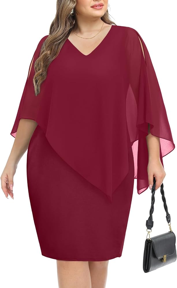 Pinup Fashion Women's Plus Size Cape Chiffon Dress Wedding Guest Cocktail Overlay Bodycon Party Pencil Dress 2024